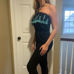 Black cotton jumpsuit w/ teal blue top embroidery